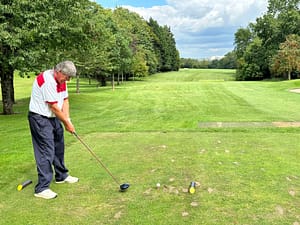 Simon Blackler tees off at the 18th at Henbury GC